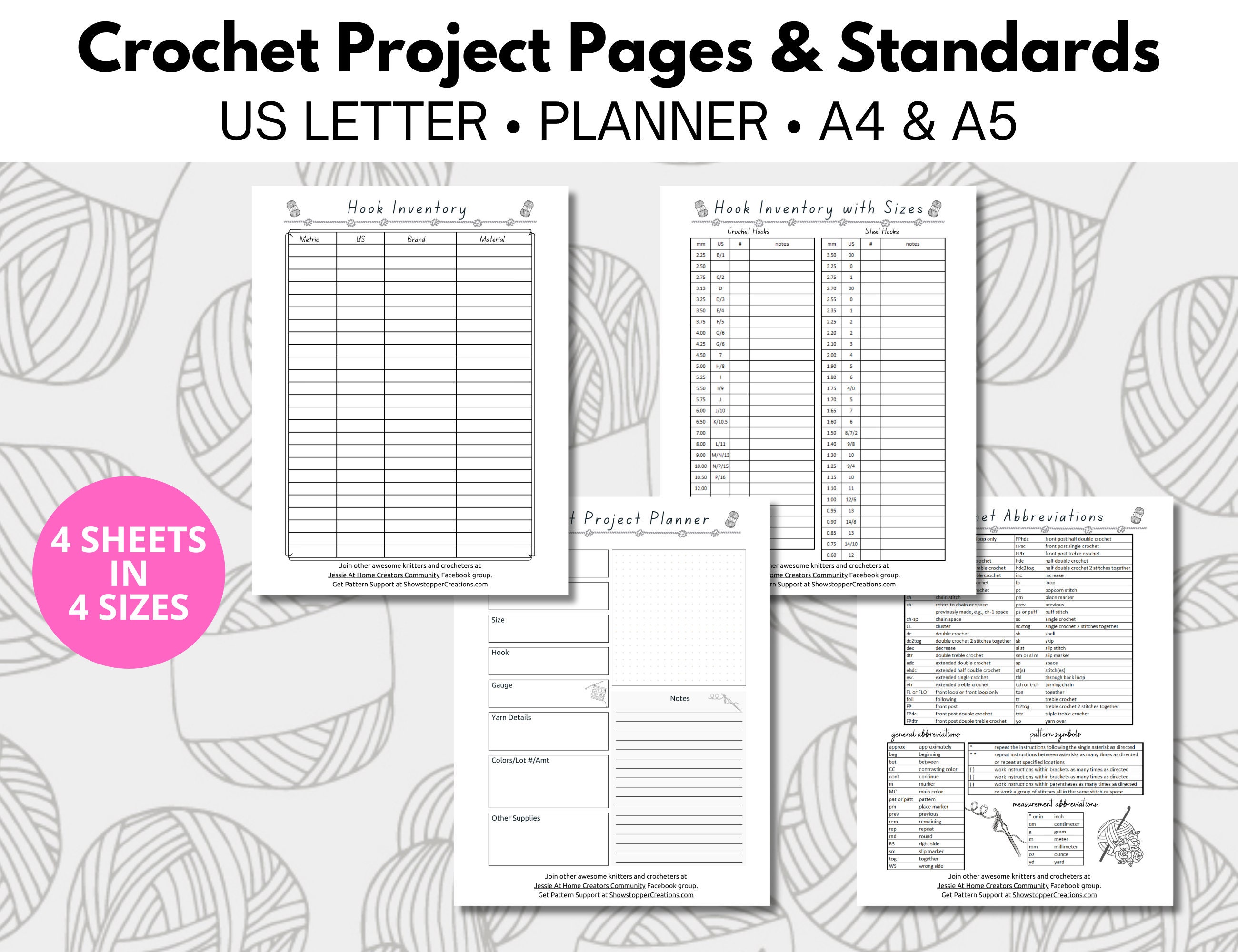 Haakprojectpagina - Haaknaaldinventaris - Gehaakte afkortingen - Printables in 4 maten - A4, A5, VS (11"x8.5"), Planner (9.25"x7")