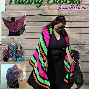 May include: A crochet shawl with a colorful striped pattern in pink, green, black, and orange. The shawl is draped over a person's shoulders. The text "Falling Blocks JessieAtHome" is at the top of the image.