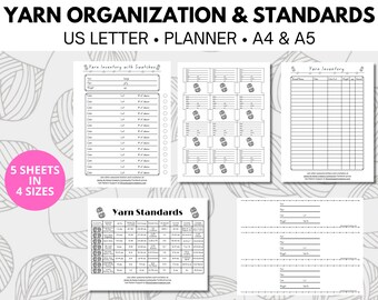 Garenorganisatie en standaarden Printables in 4 maten - A4, A5, Letter (11&quot;x8.5&quot;), Planner (9.25&quot;x7&quot;) - Brei - Haak