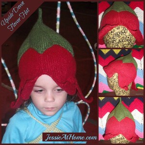 May include: A knitted flower hat in red and green. The hat features a pointed green top and red petals that frame the face. The text "Upside Down Flower Hat" is in the upper left corner. The website "JessieAtHome.com" is in the lower right corner.