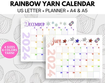 Afdrukbare kalender 2024 met regenbooggarenthema in 4 maten - A4, A5, Letter (11&quot;x8,5&quot;), Planner (9,25&quot;x7&quot;) - Garenkalender - Regenboog