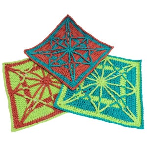 May include: Three colorful, crocheted square doilies. One is red and teal, another is green and red, and the third is teal and lime green. Each doily features a starburst design in the center. The doilies are handmade and have a textured appearance.