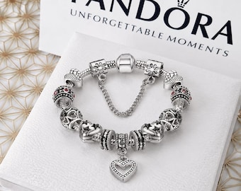 Pulsera con dije de plata S925, estilo corazón floral con cuentas, regalo para ella para uso diario.