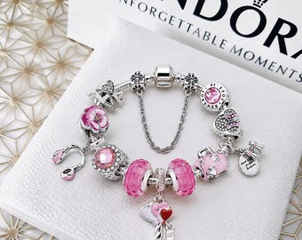 Pulsera Pandora estilo S925 de plata con dije floral rosa para mujer, regalo de joyería