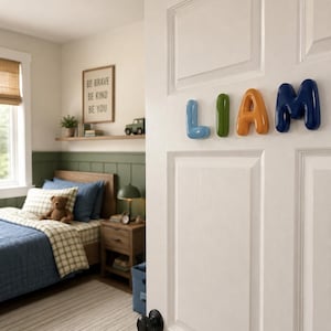Op de afbeelding: Een witte deur met de naam LIAM gespeld in individuele, glanzende, driedimensionale letters. De letters zijn lichtblauw, groen, oranje en donkerblauw van kleur en zijn horizontaal op het bovenste paneel van de deur bevestigd.