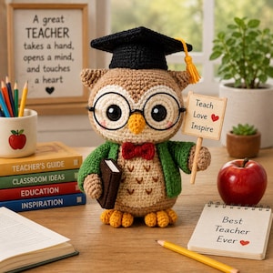 Può includere: Una statuetta di gufo all'uncinetto con tocco nero e nappa gialla, occhiali neri rotondi e papillon rosso. Il gufo indossa un cardigan verde, tiene in mano un piccolo libro marrone e un cartello con la scritta Teach Love Inspire.