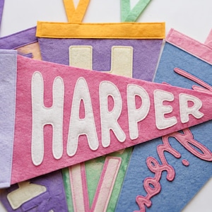 May include: A collection of triangular felt pennants in various pastel colors including pink, purple, yellow, and blue. The central pink pennant features the name HARPER in white stitched letters. Each pennant has a fabric loop at the top for hanging.