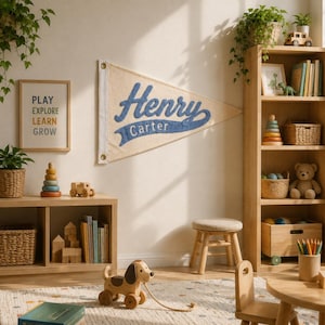 May include: A triangular cream-colored felt pennant featuring the name Henry Carter embroidered in blue script with a blue banner underneath. The pennant has a white vertical side strip with two brass-colored metal grommets for hanging on a wall.