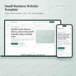 Könnte beinhalten: Eine Website-Vorlage für kleine Unternehmen, dargestellt auf einem Laptop-Bildschirm und einem Smartphone-Bildschirm. Das Design zeigt den Text Harbor & Pine, Quality work, honest prices, und Schaltflächen mit der Aufschrift Get a Free Quote.