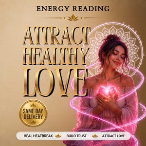 May include: A digital graphic featuring the text ENERGY READING and ATTRACT HEALTHY LOVE in gold lettering. A person in a pink dress holds a glowing pink heart, surrounded by a light mandala. A gold seal reads SAME DAY DELIVERY.