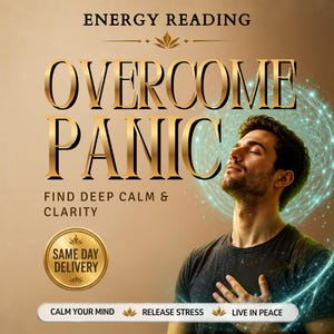 Könnte beinhalten: Eine digitale Grafik mit dem Text ENERGY READING, OVERCOME PANIC, FIND DEEP CALM & CLARITY, SAME DAY DELIVERY, CALM YOUR MIND, RELEASE STRESS und LIVE IN PEACE. Eine Person mit geschlossenen Augen hat eine Hand auf der Brust mit leuchtendem Licht.