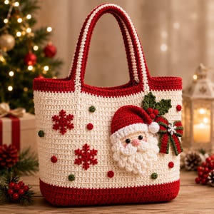 May include: A cream-colored crochet tote bag featuring a red base and red handles. The front is decorated with red crochet snowflakes, small red and green dots, and a three-dimensional Santa Claus face with a red hat, green holly, and a red bow.