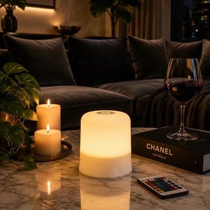 Puede incluir: Una lámpara LED cilíndrica de vidrio esmerilado blanco con un botón de encendido táctil circular en la parte superior. La lámpara emite un brillo cálido y suave y viene acompañada de un pequeño mando a distancia rectangular con botones.