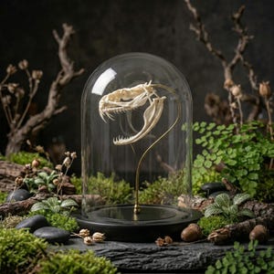 May include: A cream-coloured snake skull mounted on a thin gold-toned metal stand, enclosed within a clear glass dome with a black circular base. The skull features visible sharp teeth and is positioned centrally inside the protective glass display.