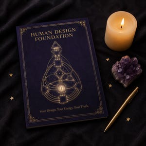 May include: A dark blue book titled Human Design Foundation with a gold geometric diagram and the text Your Design. Your Energy. Your Truth. Accompanying items include a lit cream-colored pillar candle, a purple amethyst cluster, and a gold pen.