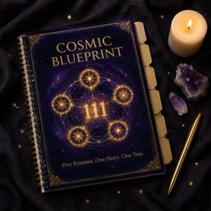 Op de afbeelding: Een spiraalgebonden notitieboek met een donkerpaarse kaft met de tekst COSMIC BLUEPRINT, het getal 111 en de zin Five Systems. One Story. One You. De kaft toont een goudkleurig geometrisch ontwerp met vijf cirkelvormige stermotieven.