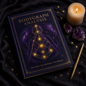 以下が含まれることがあります： BODYGRAPH ANALYSISというタイトルの濃紺のハードカバー本。表紙には、光るノードを備えた金色の人型シルエットのグラフィックが描かれています。表紙には「Your Depth. Your Mechanics. Your Mastery.」というテキストと金色の装飾的な縁取りが施されています。
