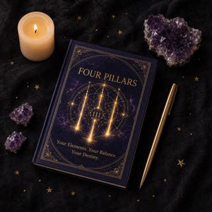 Op de afbeelding: Een donkerblauw notitieboek met harde kaft getiteld FOUR PILLARS met een goudkleurig geometrisch ontwerp en het getal 111. De tekst luidt Your Elements. Your Balance. Your Destiny. Een gouden pen, een brandende kaars en drie paarse amethistkristallen.