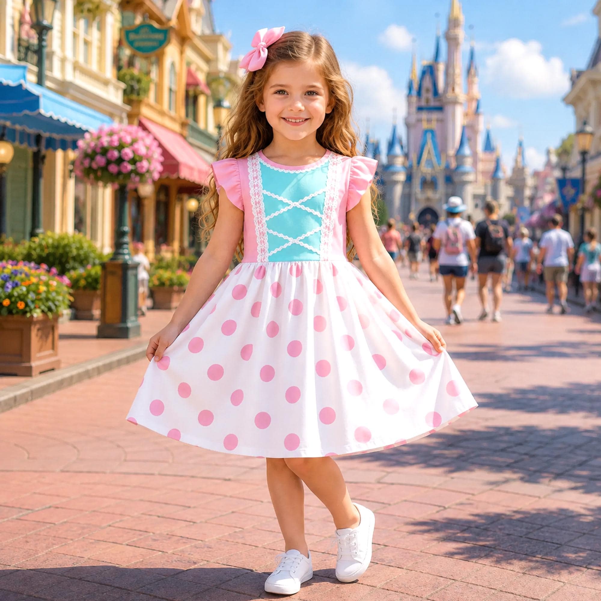 blue dress with pink polka dots Girls Dot Turn heads in this 4/26 Classic Long White A-line size:US 22Plus / UK 26 / EU 52