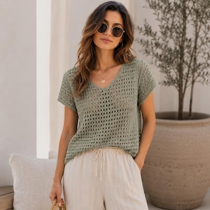 Patroon voor een gehaakte top met saliegroene mesh-stof (PDF), zomerse gehaakte top met V-hals, haakpatroon voor beginners, maten XS-5XL, videotutorial, digitale download