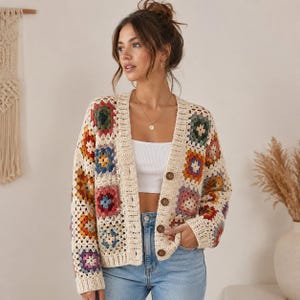 Granny Square Crochet Cardigan Pattern | Boho Button Sweater PDF (Video Tutorial)