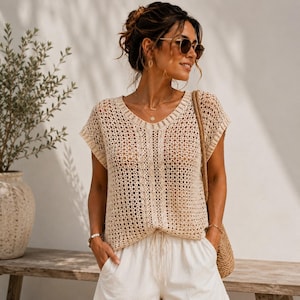Crochet Mesh Top Pattern PDF, Boho Summer Crochet Top, Women’s Open Mesh Shirt Pattern, XS-5XL, Video Tutorial, Digital Download