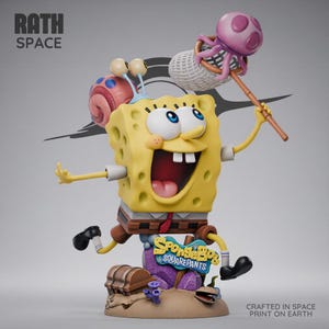 Puede incluir: Una figura amarilla de Bob Esponja sosteniendo una red con una medusa rosa, con un caracol encima, un cofre del tesoro marrón y un letrero con el texto SpongeBob SquarePants. El texto RATH SPACE y CRAFTED IN SPACE PRINT ON EARTH es visible.