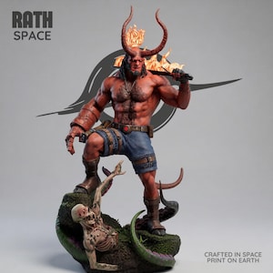 May include: A red-skinned muscular figure with large horns, a tail, and a stone-like right hand, wearing blue shorts and a belt. The figure holds a sword over the shoulder with flames behind the head, standing on a base with a skeletal creature.