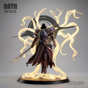 May include: A dark purple and gold armored figure with a hooded cloak, holding a spear. The figure is surrounded by glowing, swirling light tendrils and stands on a circular base. Text reads RATH SPACE and CRAFTED IN SPACE PRINT ON EARTH.