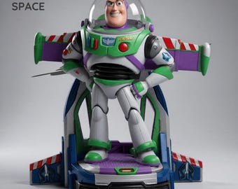 Könnte beinhalten: Eine Buzz Lightyear Actionfigur, die auf einem Sockel mit ausgebreiteten Flügeln steht. Die Figur trägt einen weißen, grünen und violetten Anzug mit einem klaren Helm. Der Text lautet RATH SPACE und CRAFTED IN SPACE PRINT ON EARTH.