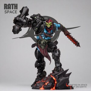 May include: A detailed figurine of a green-skinned creature with a red beard, wearing black armor and a skull-embossed belt. The figure stands on a rocky base with orange lava accents. Text reads RATH SPACE and CRAFTED IN SPACE PAINT ON EARTH.