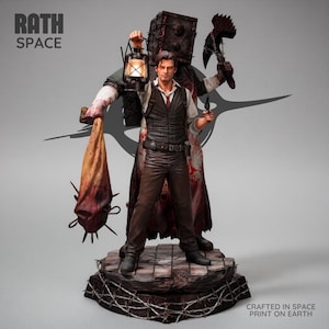 May include: A detailed collectible figurine featuring a man in a vest and trousers standing in front of a large, hooded, blood-stained figure. The man holds a lit lantern and a small handgun. The base is circular, textured like stone, and wrapped in barbed wire.