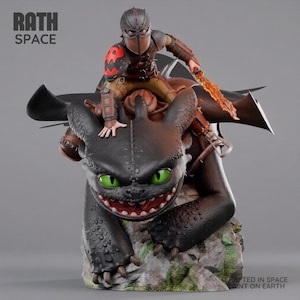 May include: A detailed figurine of a rider in dark armor with a red emblem on the shoulder, holding a flaming sword, mounted on a black dragon with green eyes and sharp teeth. The text RATH SPACE and CRAFTED IN SPACE PAINT ON EARTH are visible.