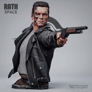 May include: A detailed bust of a cyborg character wearing a black leather jacket over a gray shirt, holding a black shotgun. The face shows mechanical damage with a glowing red eye. Text reads RATH SPACE and CRAFTED IN SPACE PRINT ON EARTH.