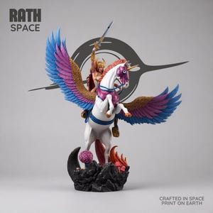 May include: A detailed figurine of a warrior with long hair riding a white winged horse. The horse features blue and purple feathers, a gold horn, and purple armor. The warrior holds a sword aloft. The base is dark rock with small mushrooms.
