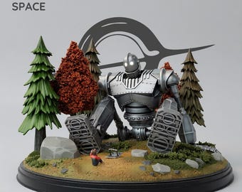Könnte beinhalten: Eine silberne Roboterfigur mit leuchtend weißen Augen sitzt auf einem runden Sockel, der eine Miniatur-Waldlandschaft mit grünen und orangefarbenen Bäumen, Felsen und einer kleinen Figur zeigt. Der Text RATH SPACE und CRAFTED IN SPACE PRINT ON EARTH ist sichtbar.