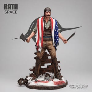 May include: A detailed figurine of a mustachioed figure wearing a dark cap, a vest, and striped trousers, draped in a tattered American flag. The figure holds a cleaver and a knife, standing on a snowy brick base. Text reads RATH SPACE and CRAFTED IN SPACE PRINT ON EARTH.