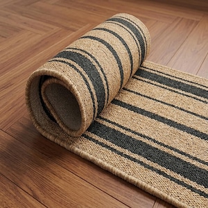 Pode incluir: Um tapete passadeira tecido com uma textura de fibra natural em tom bege e riscas largas em cinzento-carvão escuro que percorrem o comprimento. O tapete está parcialmente enrolado, revelando uma construção espessa e durável com bordas.