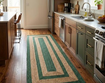 May include: A rectangular runner rug featuring a braided texture with alternating concentric borders of natural tan jute and deep forest green. The rug is positioned on a wooden floor in a kitchen setting, showcasing a woven construction.
