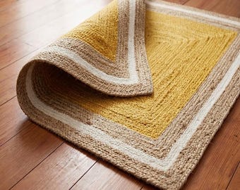 Handmade Mustard Center Jute Runner Rug, Yellow  White Border Braided Floor Carpet, Neutral Long Kitchen Mat, Modern Boho Entryway Runner