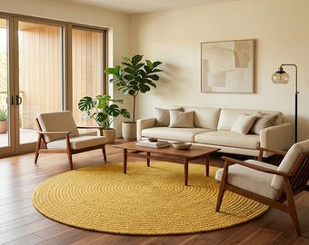 May include: A living room featuring a large circular yellow braided rug on a dark wood floor, a cream-colored sofa with matching throw pillows, two wooden armchairs with cream cushions, a wooden coffee table, and a floor lamp.