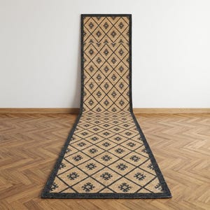 Handmade Geometric Diamond Jute Runner Rug, Moroccan Trellis Hallway Carpet with Black Border, Rustic Farmhouse Kitchen Runner, Boho Long