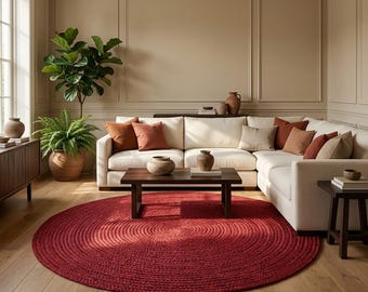 May include: A large, round, deep red braided area rug centered in a living room. The rug features a concentric circular pattern and is placed on light-toned hardwood flooring in front of a cream-colored sectional sofa with various throw pillows.