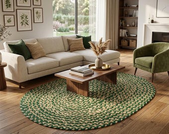 May include: An oval-shaped area rug featuring a braided texture with alternating strands of natural tan and forest green fibers. The rug is positioned on a wooden floor in front of a low wooden coffee table, providing a textured floor covering.
