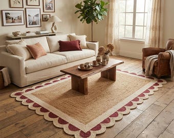 May include: A rectangular area rug made of natural woven jute fibers, featuring a wide cream-colored border with a decorative scalloped edge in a deep burgundy red tone, laid flat on a wooden floor in a living room setting.