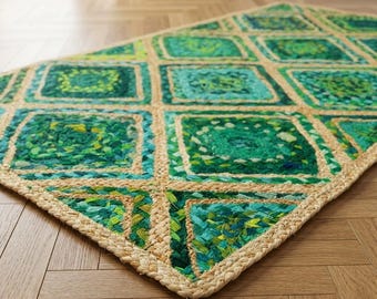 May include: A rectangular area rug featuring a repeating diamond pattern composed of braided natural jute borders and square centers filled with a textured mix of green, teal, and lime fabric strips in various shades and woven patterns.