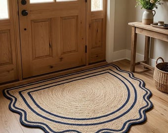 Handmade Scalloped Half Round Jute Rug, Navy Blue Striped Arch Doormat, Natural Braided Semicircle Entryway Carpet, Farmhouse Front Door Mat