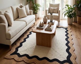 Handmade Jute Rug, Scalloped Wavy Border, Sage Green, Natural Fiber Area Rug