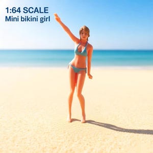 May include: A 1:64 scale miniature figurine of a person wearing a light blue bikini, standing with one arm raised. The text 1:64 SCALE Mini bikini girl is visible in the upper left corner. The figurine has light brown hair and a tan complexion.