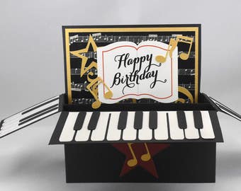 3D Piano Birthday Card, Box Card in Black and gold